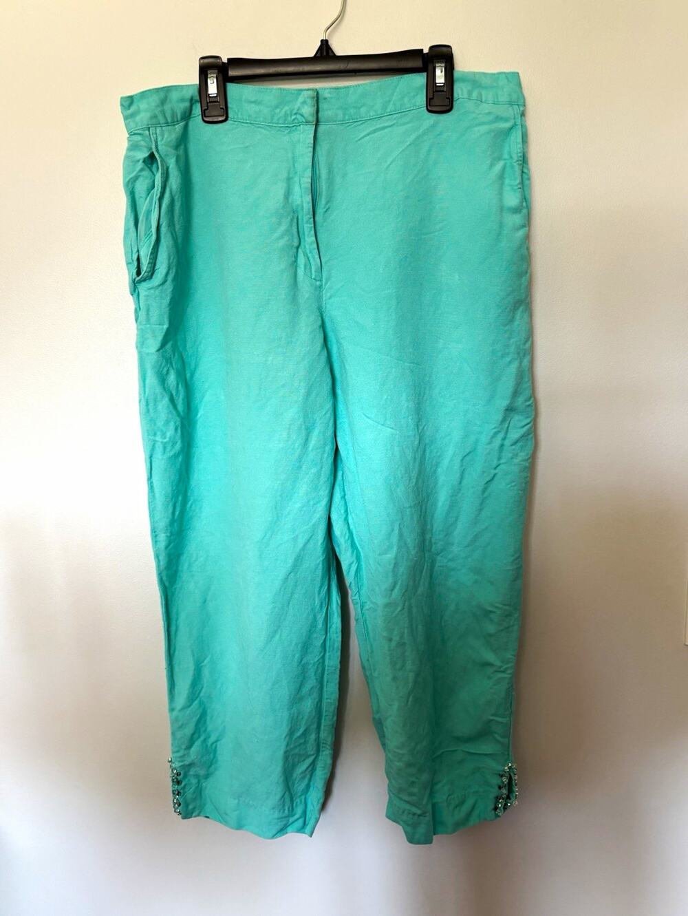 Ruby Rd. Women’s Aqua Solid Linen/Rayon Capri Pants, 12, Beaded Hem